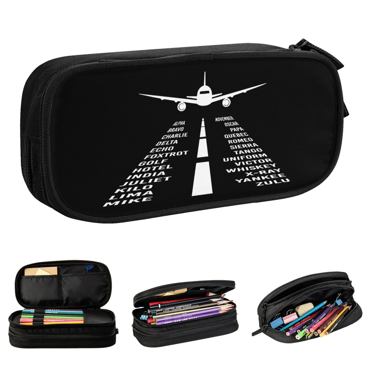 Flugzeug Phonetic Alphabet Pilot Federmäppchen Klassische Luftfahrt Flughafen Stifttasche Schüler Schulbedarf Geschenke Federmäppchen 21x10.5x5cm black