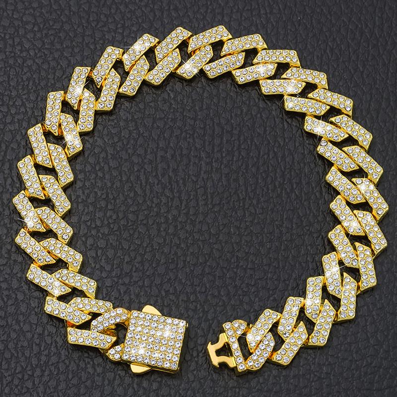 15mm Rautenförmiger Diamant Cuban Collar Haustier Cuban Collar Leinen Metall Kette Halsband Zubehör Für Hunde Katzen Kette Dekoration 10inch(25cm) gold