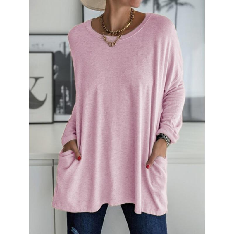 Damenmode, lässig, einfarbig, langärmelig, O-Ausschnitt, Blusen und Hemden XXL rosa