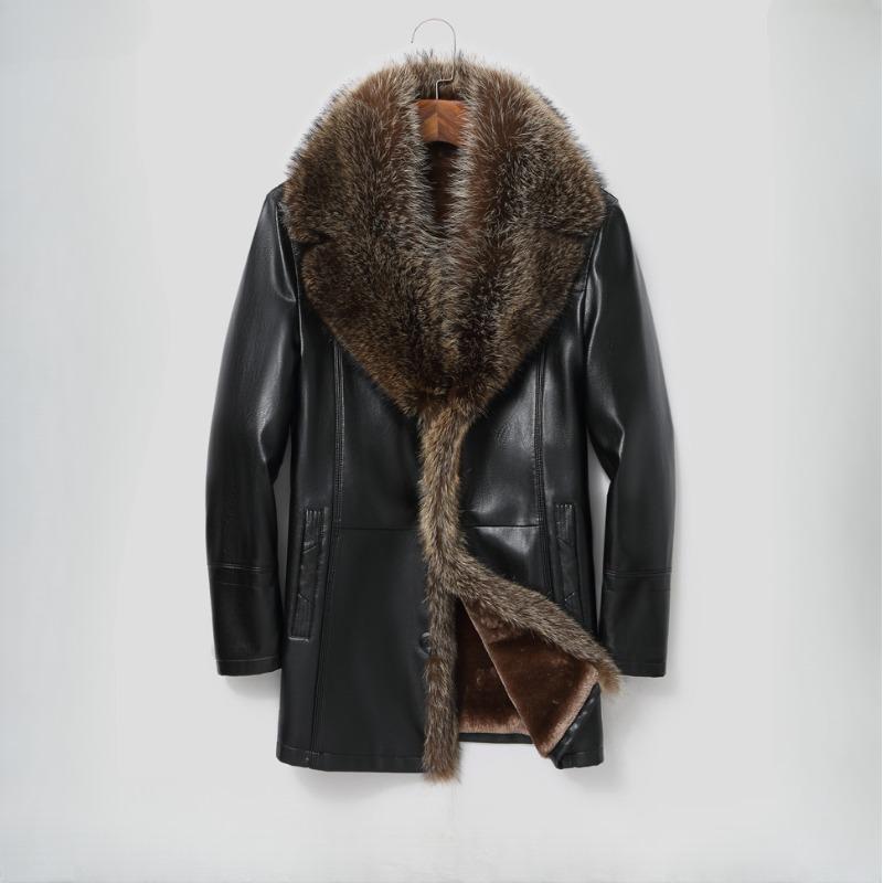 Echtes Leder Lederjacke Herren Mittellanger Anzugkragen Pelz Eine Lederjacke Herren Waschbär Pelzkragen Mantel L schwarz