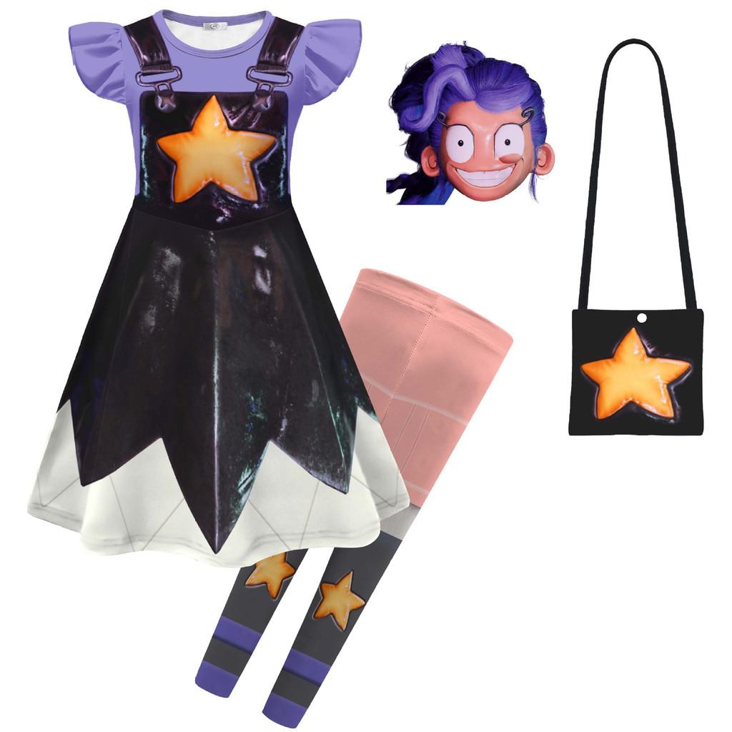 Kinder Mädchen Cartoon Bobi Time Lily Aufdruck Rüschenkleid Hosen Tasche Set Halloween Cosplay Kostüme 140cm violett