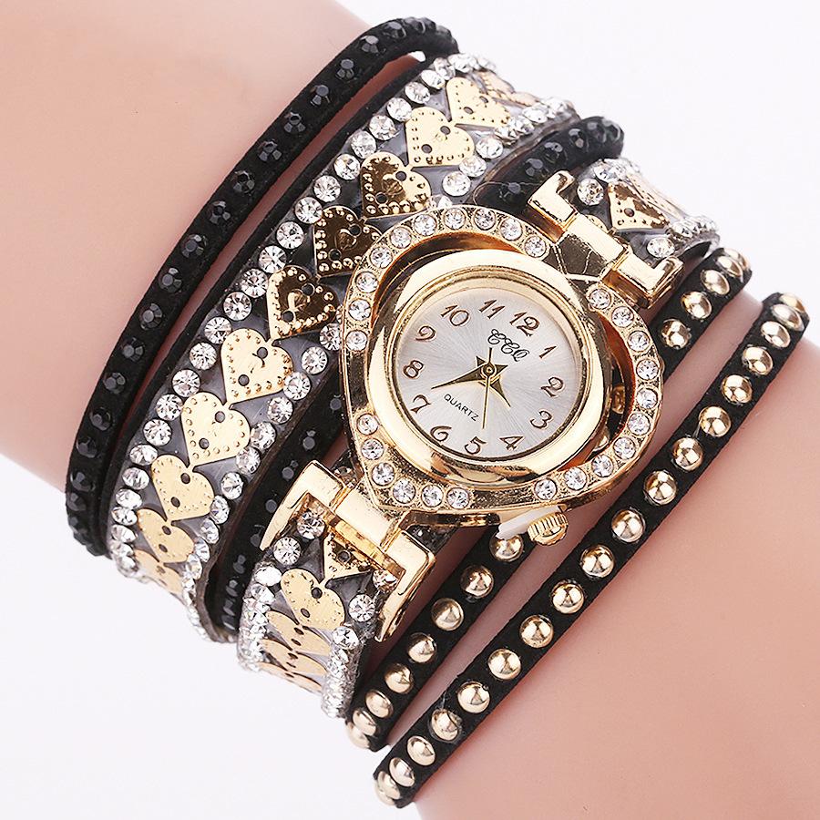 Frauen Armband Leder Quarz Strass Armbanduhren Uhr Damen Kleid Uhren Geschenk schwarz