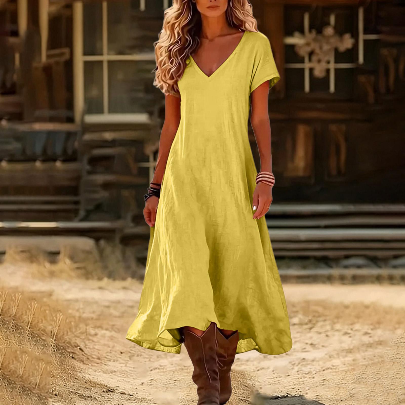 Boho-Kleider für Damen 2026 V-Ausschnitt Kurzarm-Sonnenkleider für Damen Sommerkleider für Damen Lässiger Lockerer Schnitt L gelb