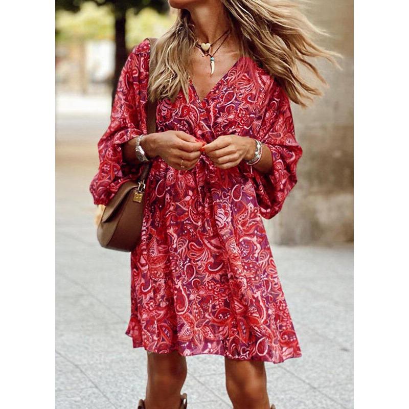 VEZFAA Damen Mode Sommer Frühling Blumenmuster Druck 3/4 Ärmel V-Ausschnitt Mittlere Taille Lässige Kleider XL rot