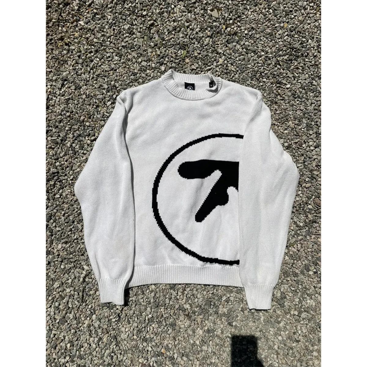BeatStreet Herren Pullover Y2K Aphex Twin Strick Oversize Pullover Gothic Pullover Winter Grafik Streetwear Langarm Oberteile Vintage Kleidung S weiß