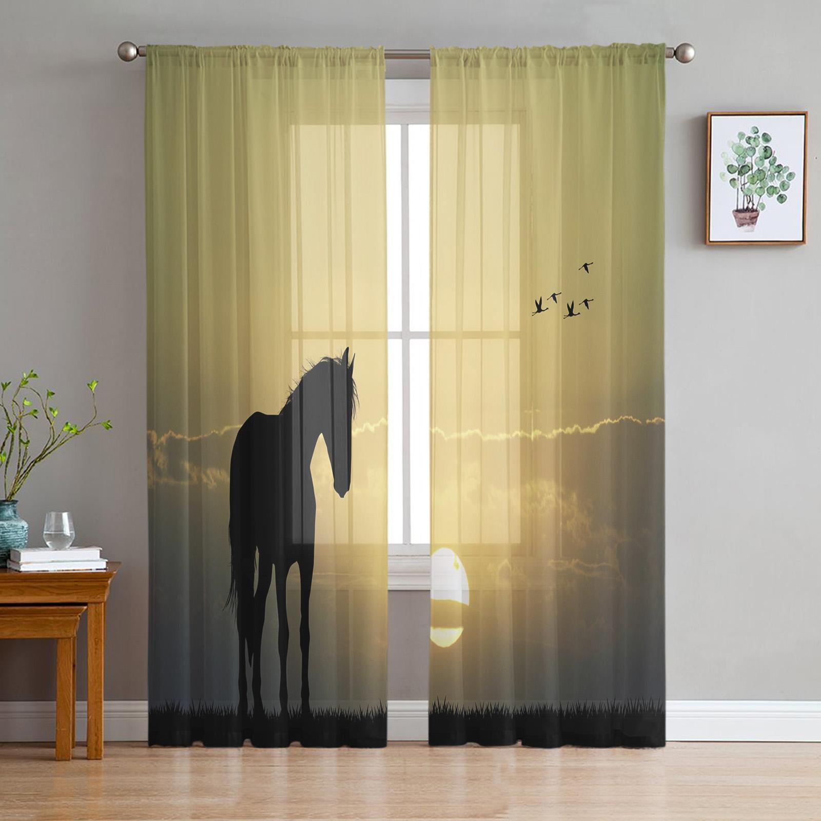 Tier Pferd Schneeszene Tüll Voile Vorhänge Für Schlafzimmer Raum Fensterbehang Für Wohnzimmer Transluzente Vorhänge Gardinen Organza Vorhänge 1 PCS W100XH250cm&Rod Pocket beige