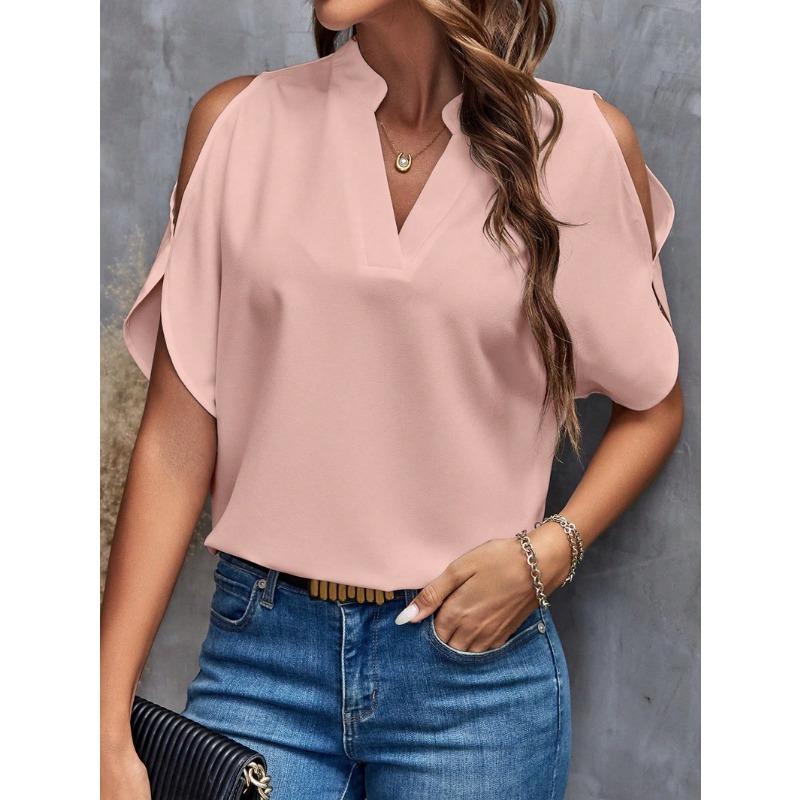 YYFS Damenmode, lässig, Sommer, Frühling, einfarbig, bedruckt, kurzärmelig, V-Ausschnitt, Blusen und Hemden XL rosa
