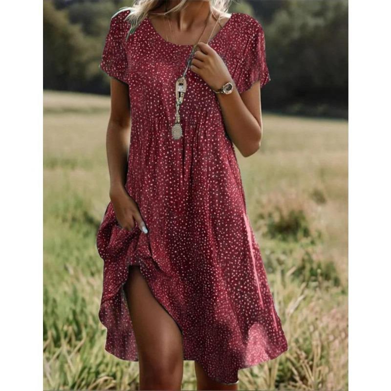 Sommer Bohemian Kleider Für Frauen V-ausschnitt Kurzarm Blume Gedruckt Strand Urlaub Kleid Frauen Maxi Kleider Boho XL weinrot