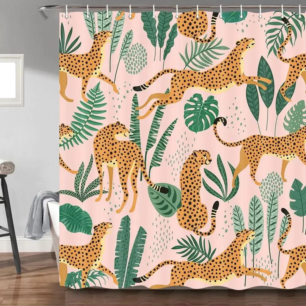 Leopard Stoff Duschvorhang, tropisches Tier Gepard Duschvorhang für Badezimmer, rosa mit Haken 180X180CM 90x180cm beige