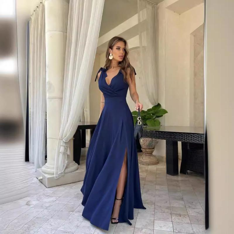 Damenbekleidung Damen Sommer Einfarbig Verlängertes Abendkleid XL dunkelblaue