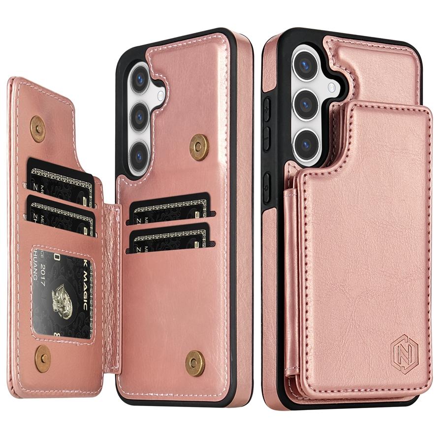 Brieftasche, einfarbig, magnetische Doppelschnalle, RFID-Sperrkarte, Ledertasche für Samsung Galaxy S24 Ultra S23 FE S22 Plus S21 S20 Samsung S21 FE rose gold