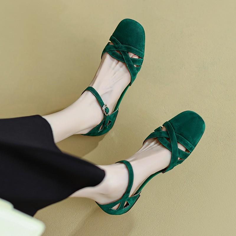 Mode Klassische Französische Damenschuhe 2025 Sommer Neu Runde Zehenpartie Flache Schuhe Mode Vielseitige Damen Sandalen Schlichte Retro Römische Sandalen 39 grün