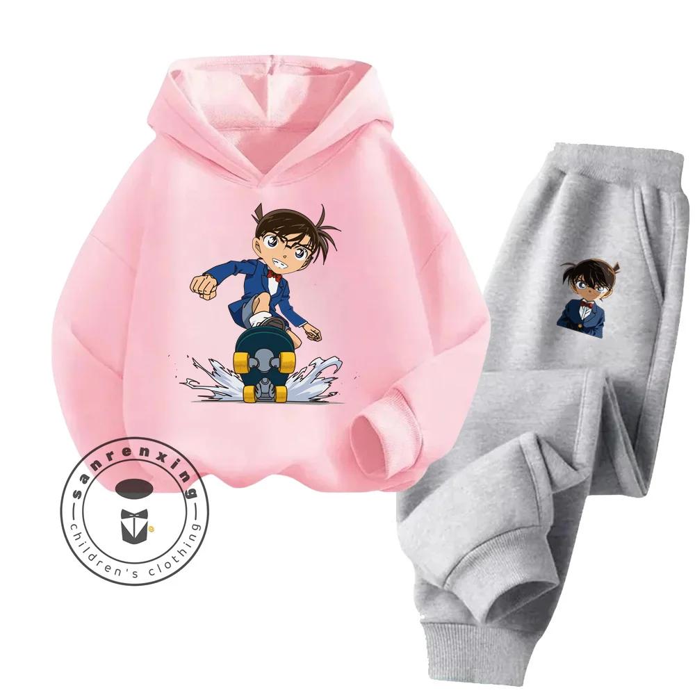 Kreatives Design Detektiv-Conan-Bekleidung Einzigartig süße Kleidung mit beliebten Cartoon-Grafiken Hochwertiges Sport-Kapuzenpullover-Set für Kinder 160