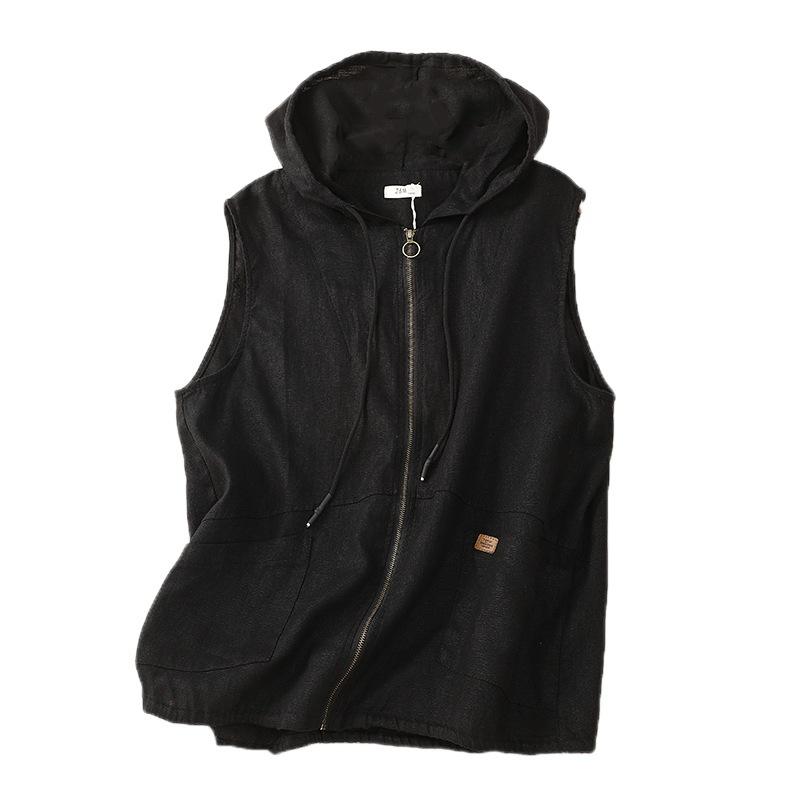 Frühling Sommer Damen Retro Kapuzen Weste Baumwolle Leinen Lässig Locker Ärmellos Westen Kurze Jacke für Damen Westen XL schwarz