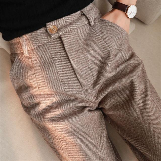 Woolen Hosen frauen Harem Bleistift Hosen Herbst Winter Hohe Taille Casual Anzug Hosen Büro Dame Hosen M braun