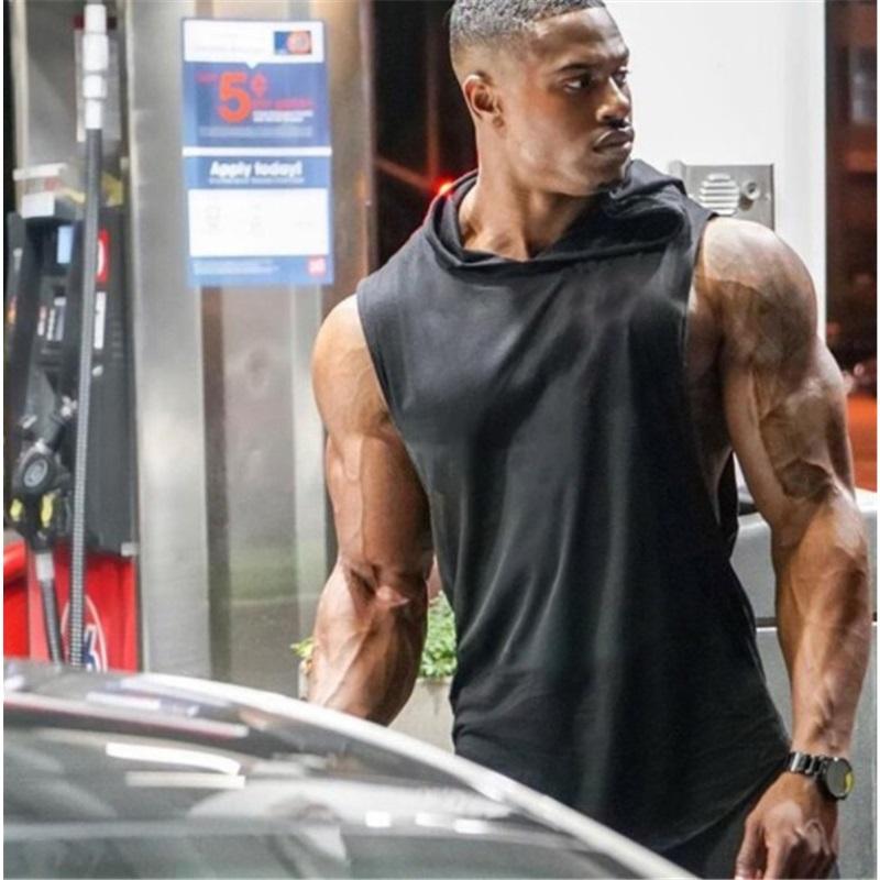 Herren Ärmelloses Tanktop mit Kapuze, Fitness-Tanktop, Pullover, Hoodies, Bodybuilding, Weste, Fitnessstudio, Sportbekleidung, Training L schwarz