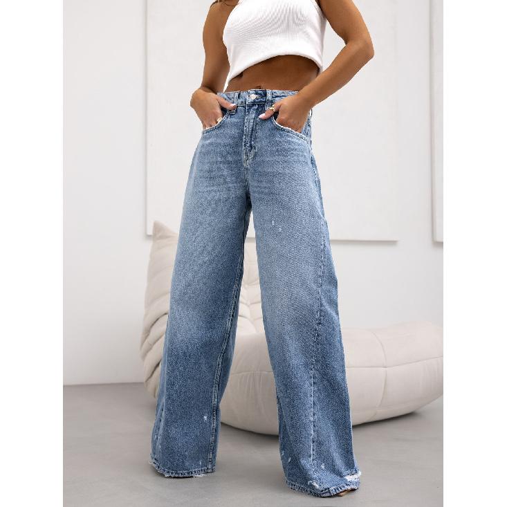 Amerikanische Retro-Jeans mit geradem Bein für Damen, neue europäische und amerikanische Hose mit weitem Bein im Sommer 2024 XXL blau