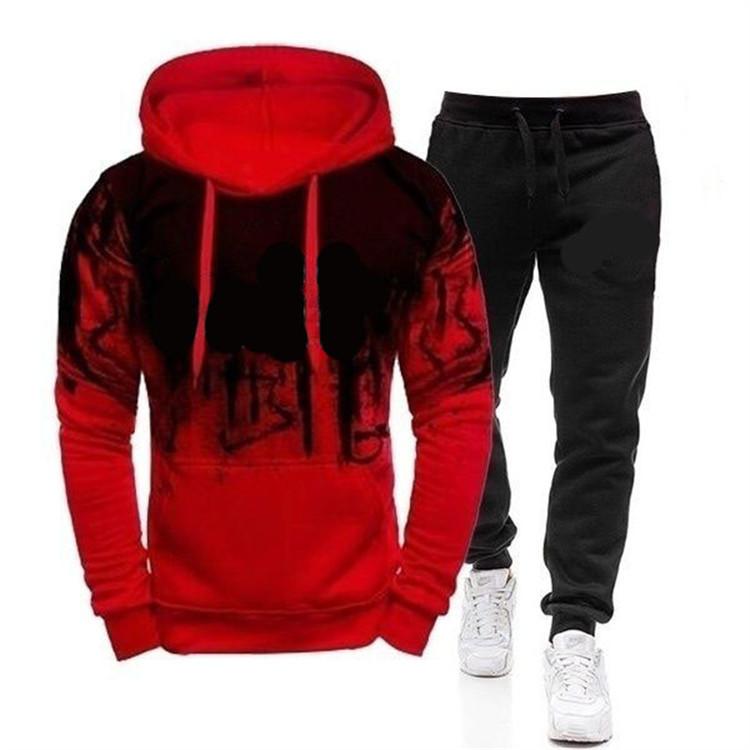 Herbst Winter Herren-Trainingsanzug mit Kapuze und Jogginghose, 2-teiliges Set, modisch, lässig, Streetwear, männlicher Jogginganzug XXL rot