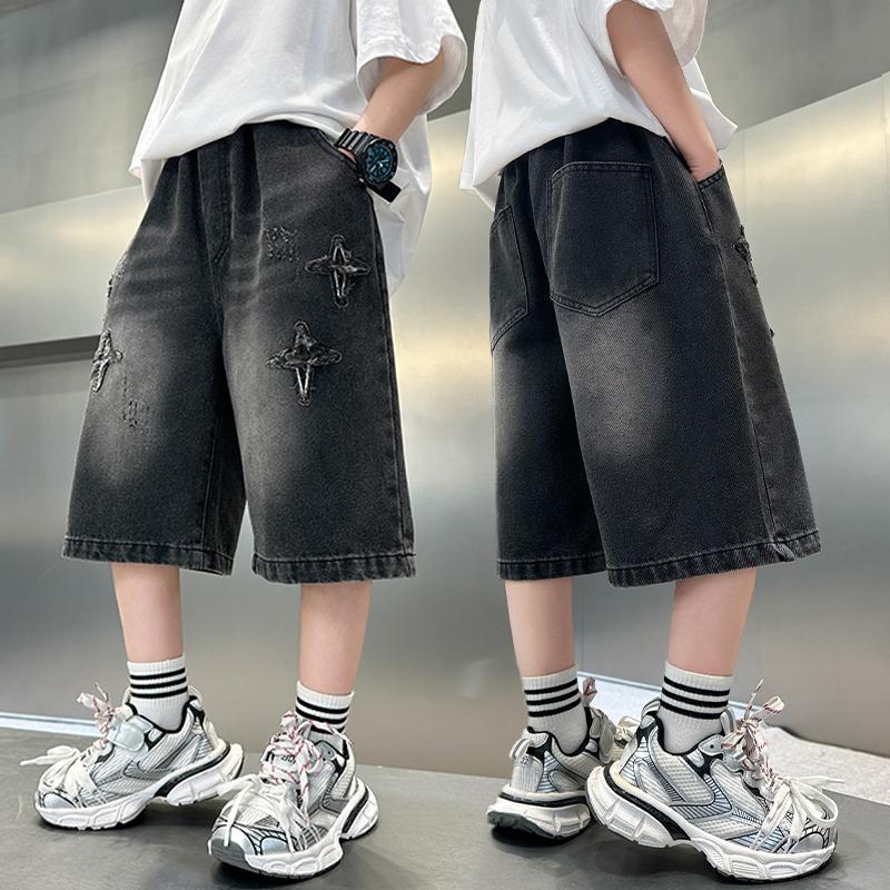 Sommer Mode Jungen Jeansshorts mit Sternenmuster Kinder Lässige Cropped Jeans Hosen Kinder 5-14 Jahre 110cm schwarz