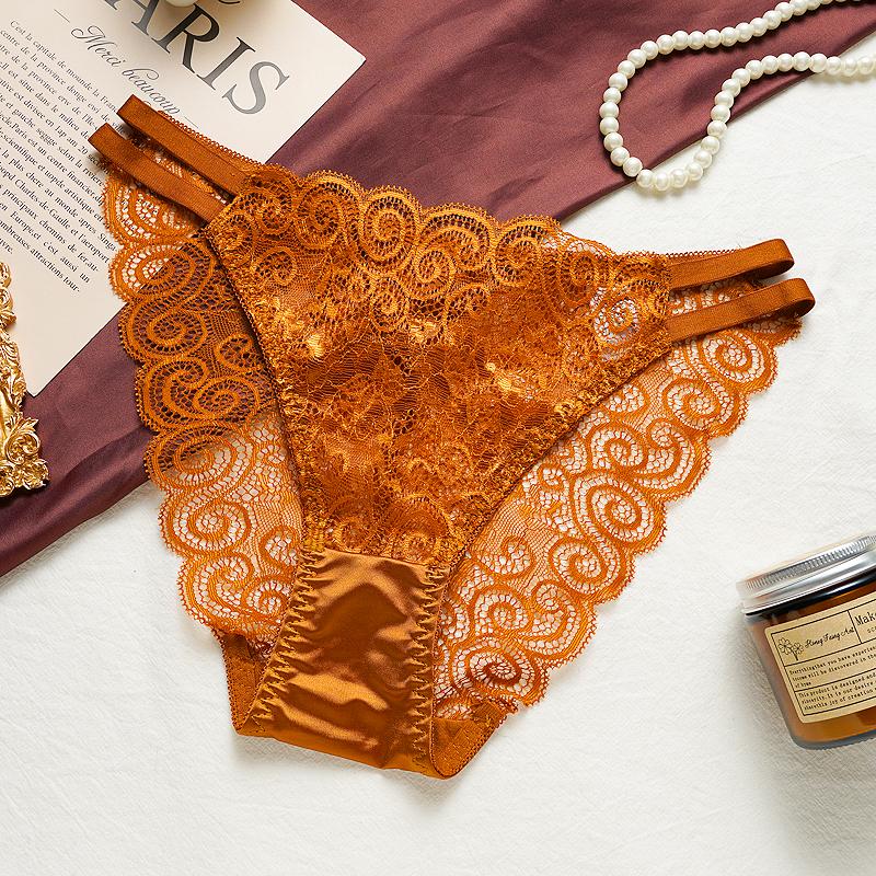 Spitzenbesetzte Hollow Out Damenunterwäsche mit Baumwollzwickel Atmungsaktive und bequeme Slips Biefs M braun