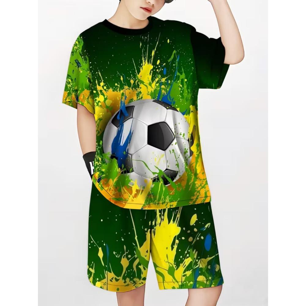 2026 Sommer Kinder Sportset Fußball 3D-Druck Fußballtrikot-Sets für Kinder Schnelltrocknendes T-Shirt Shorts Kinderbekleidung 160 yellow