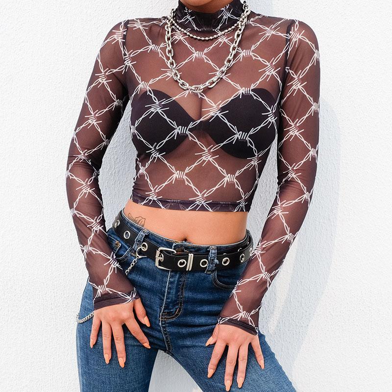 Mesh T Shirt Femme Sexy Langarm Crop Top Kette Print T Shirt Frauen Streetwear Vintage Fishnet Top T-shirt Neue ankunft XL schwarz