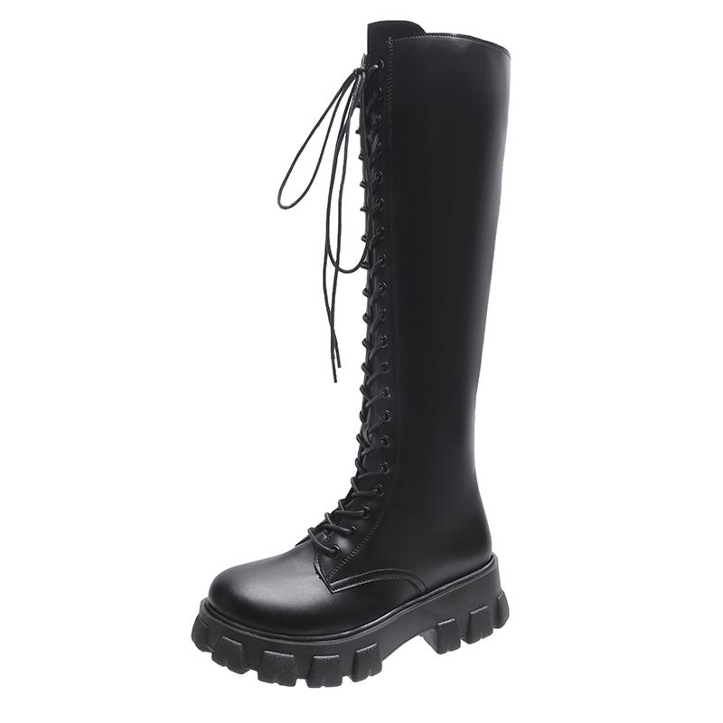 Winter Kniehohe Stiefel Damen Schwarz Punk Leder Kampfstiefel Gothic Stil Lange Stiefel 37