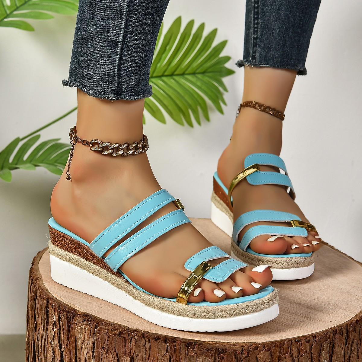 Trendige Colorblock-Sandalen für Damen, lässige Sommer-Strand-Sandalen zum Hineinschlüpfen, rutschfeste Keil-Sandalen 41 blau