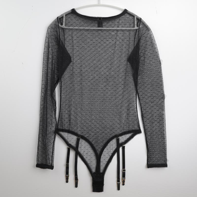 CINOON Langarm Bodycon Bodysuit Frauen Spitze Transparent Weibliche Pullover Schwarz Sexy Bodys Femme Pullover Casual Strampler L schwarz