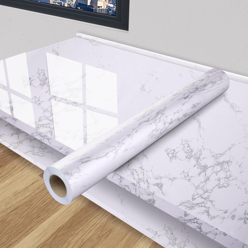 Selbstklebende Tapete mit Marmormuster, Herd- und Schrankfolie, Küchenölfeste Aufkleber, Fliesentapete und Aufkleber für renovierte Tischplatten 40CM*5M weiß