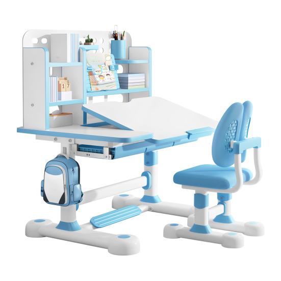 Kinder Schreibtisch und Stuhl Set Höhenverstellbarer Schreibtisch und Stuhl Set mit Bücherregal und Aufbewahrungsschublade 50 Grad neigbare Tischplatte Studiertisch blau