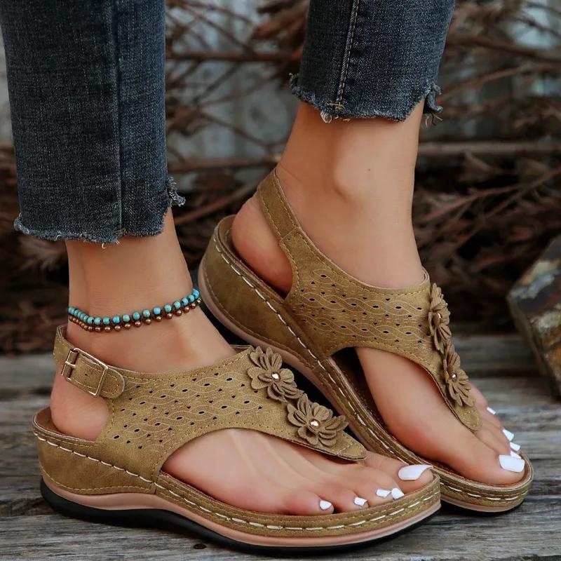 Schuhe Damen Zehensandalen Damen Sandalen Übergröße Lässige Sandalen Damen Applikationen Runde Zehen Schnallenschuh Keilabsatzschuhe Damen 43 braun