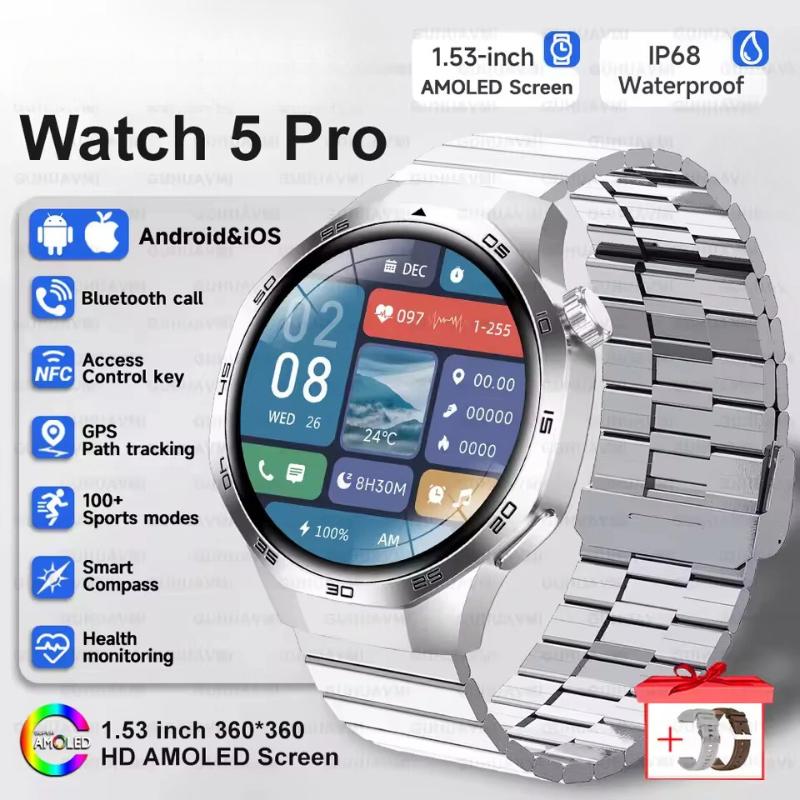 2025 Neue Watch GT5 Max Smartwatch HD AMOLED Bildschirm NFC GPS Tracker Bluetooth Anruf Gesundheit Wasserdicht Smartwatch Männer Frauen Für Huawei Silver Steel B 2A
