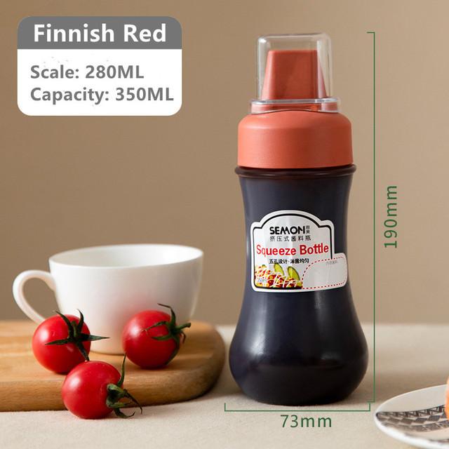 350 ml 5-Loch-Squeeze-Gewürzflaschen mit Düsen aus Kunststoff für Ketchup, Senf, scharfe Saucen, Olivenölflaschen, Küchenzubehör rot