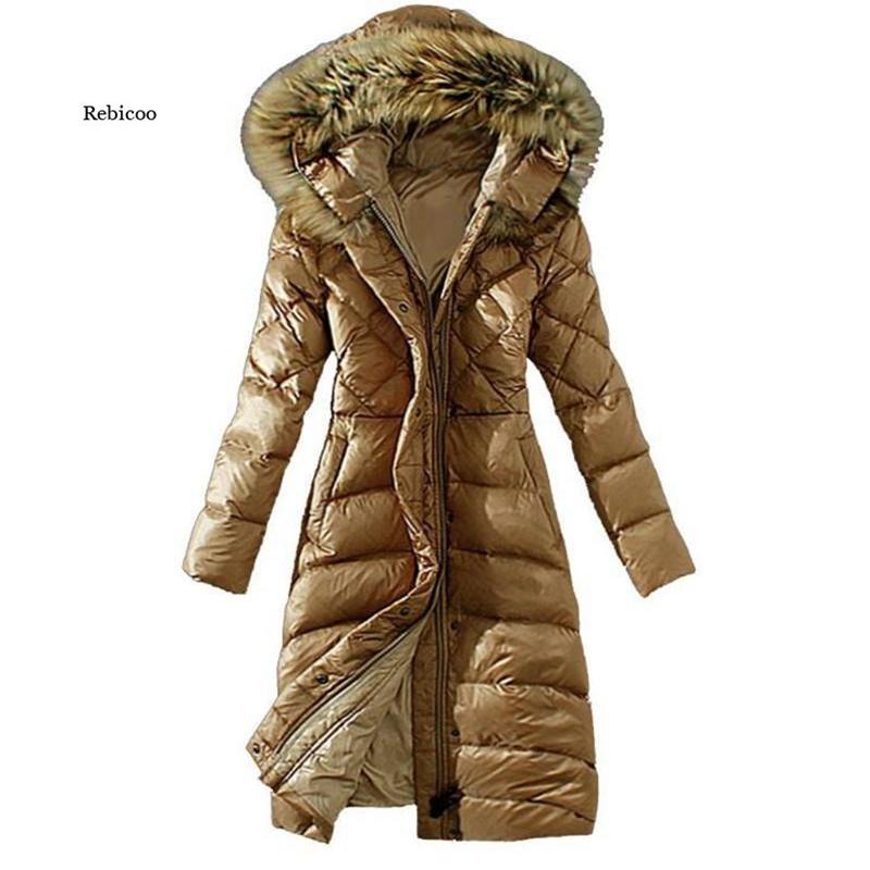 Winter Damenmode Slim High Imitation Waschbär Pelzkragen Daunenmantel mit Kapuze Lange Baumwolljacke XXL khaki