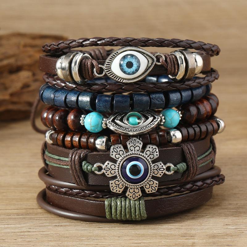 Boho Armband Set für Herren Leder Geflochtenes Wickelarmband mit Holzperlen Stierschädel & Böser Blick Anhänger Ethnisch Wikinger Stil Schmuck
