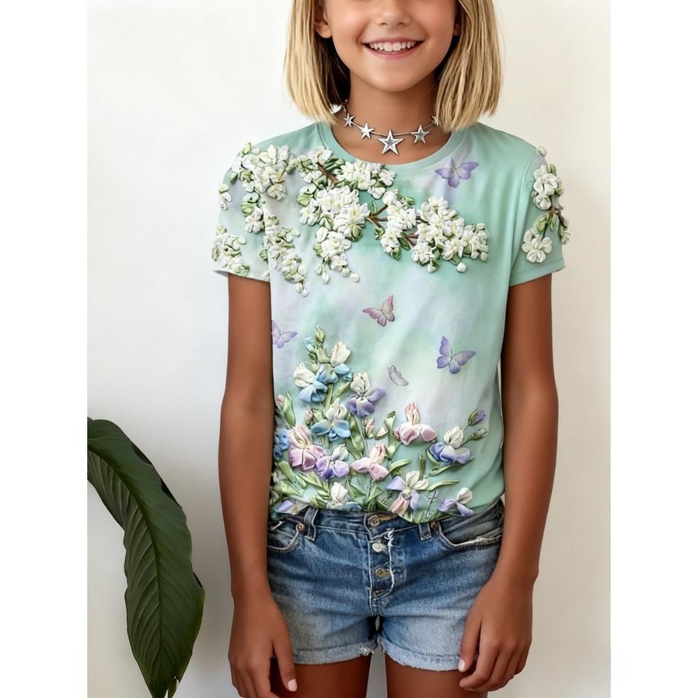 Kinder 3D Druck Blatt Patchwork T-Shirts Mädchen Rosen Blumen Mode Weiche Bequeme T-Shirts Kinder Top 130 grün/weiß