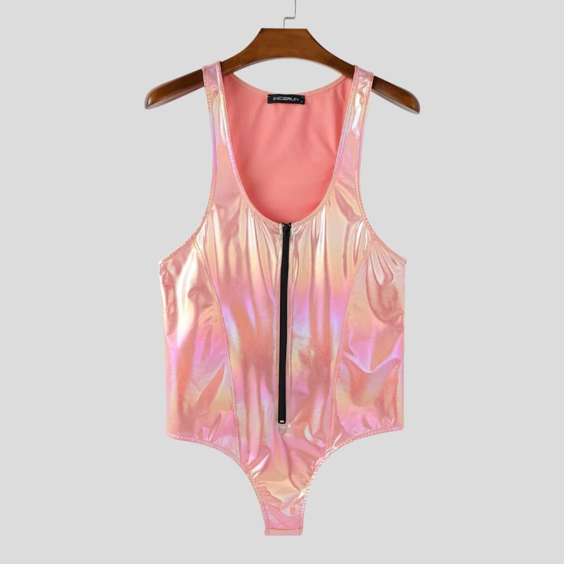 INCERUN Herren U-Ausschnitt Ärmellos Glitzer Slim Reißverschluss Tanktops Jumpsuits Bodys S rosa
