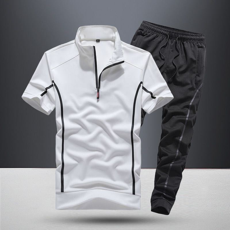 Herren Sommer Kurzarmanzug Lässiger Reißverschlusspullover Lockere Sporthose Zweiteilige Anzüge Kontrastfarben Bequeme Sets S weiß