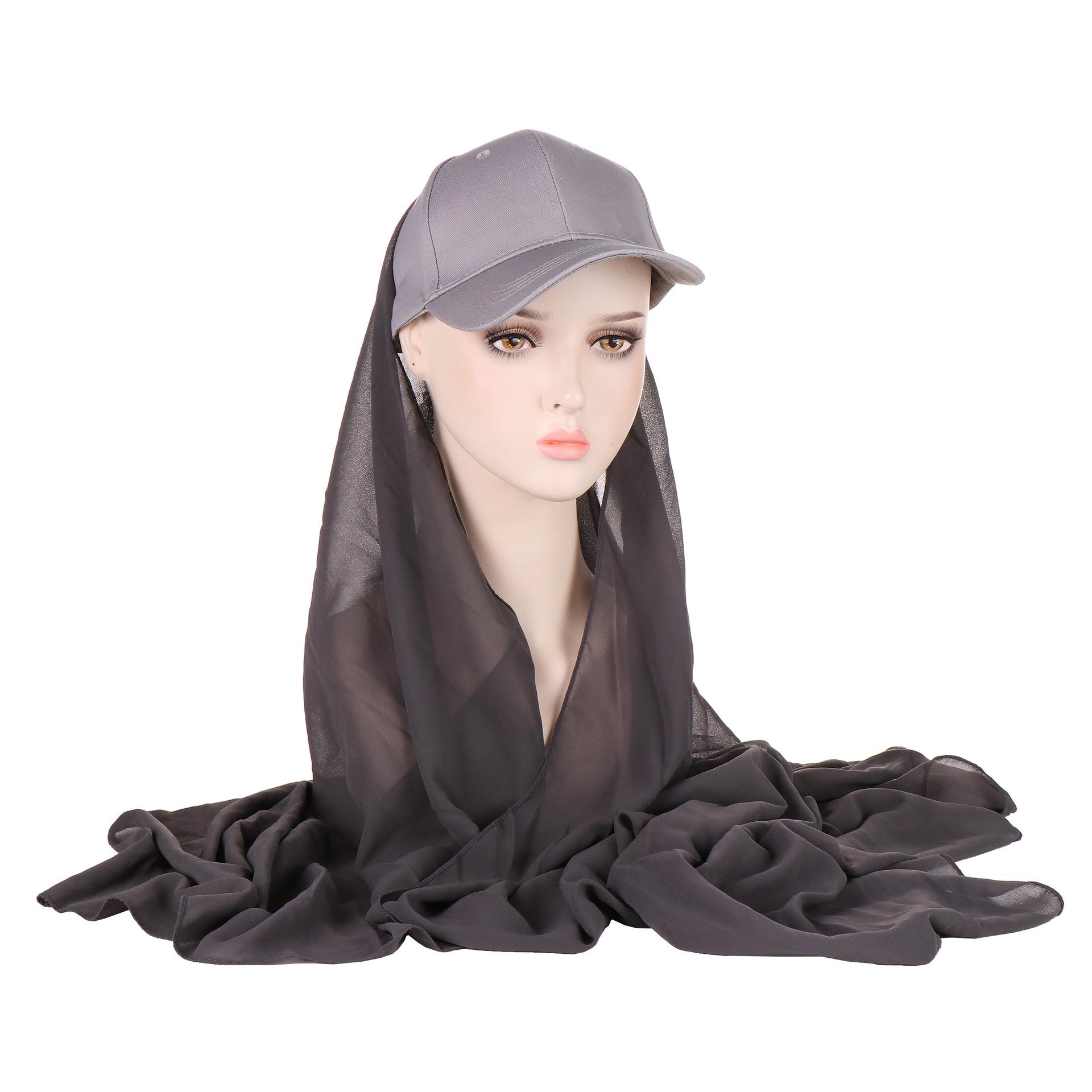 Neue Mode Einfarbig Schal Baumwolle Baseball Kappe Integrierte Schal Hut Moslemisches Hijab graue