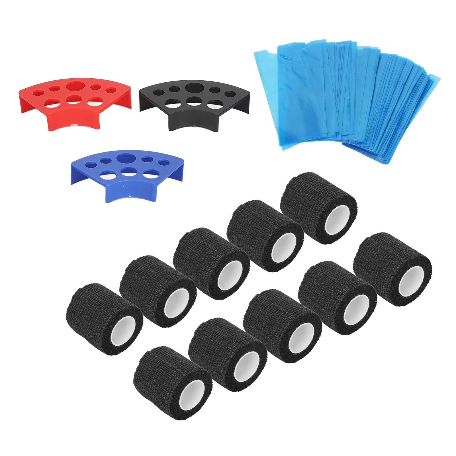 200 Stück Blaue Tattoo Stift Maschinenhüllen mit 10 Stück Griffbändern 3 Stück Tintenbecherhalter Ständer Elastische Bandagen Tattoo Zubehör schwarz