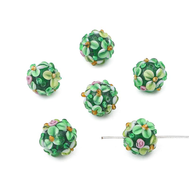 Ausgefallene handgefertigte runde Blumen-Blütenblatt-Perlen aus Glas, Lampwork-Perlen, passend für Charms, Armbänder, Halsketten, DIY-Schmuckherstellungszubehör grün
