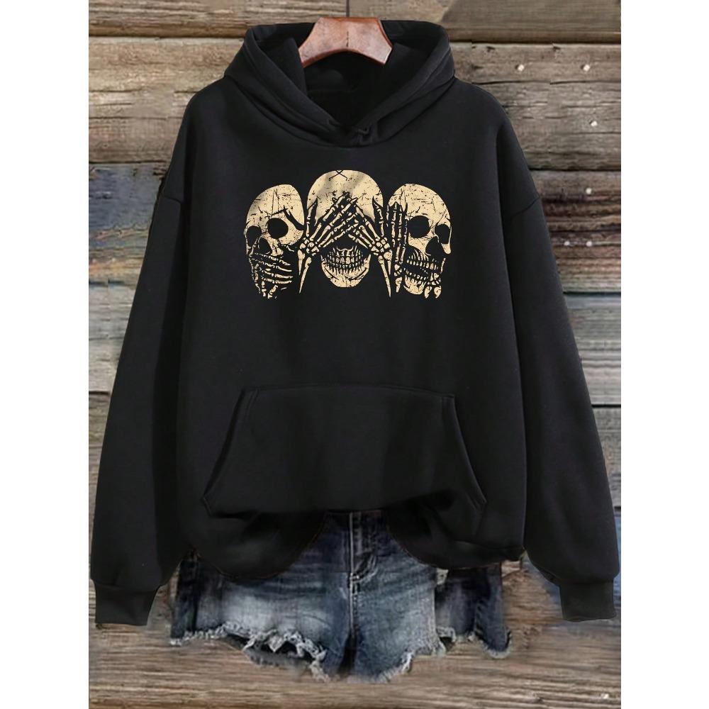 2025 Gothic Skull Hoodie Gemütlicher Schwarzer Gothic Skull Print Hoodie Damen Herbst Winter Mode Kleidung Kapuzenpullover Lässig Y2k Sweatshirt 6XL