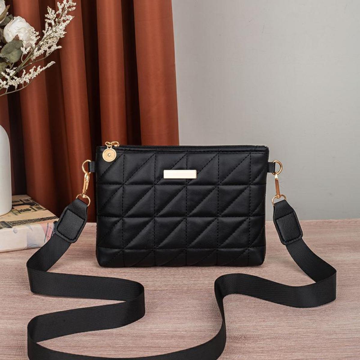 Damen, Patchwork-Karomuster, Umhängetasche, Abnehmbarer Schultergurt, Reißverschluss, Tägliche Handtasche, Kompakte Handtasche, Essentiell für den täglichen Gebrauch schwarz