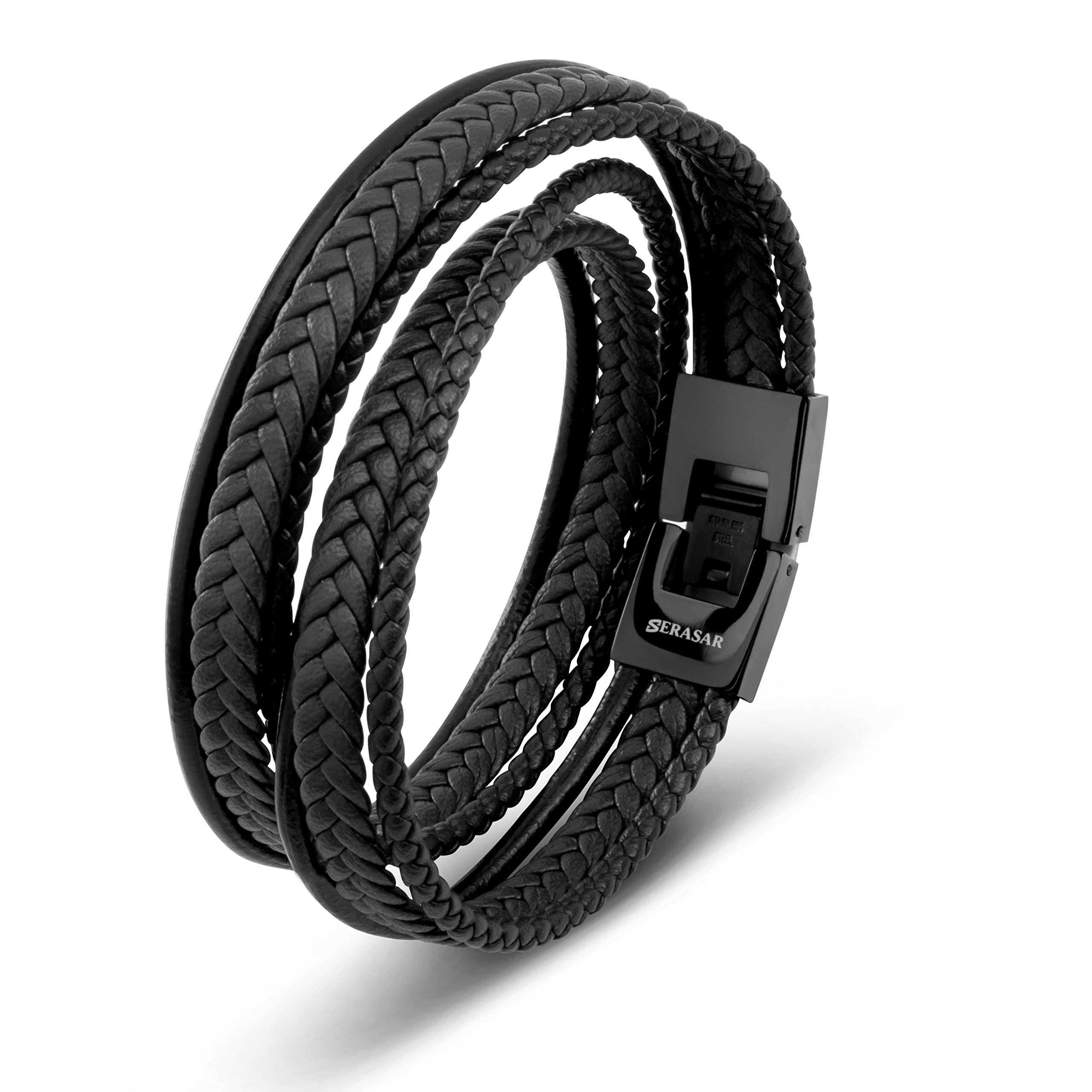 Schwarzes Armband Leder 34cm Geschenkbox Echtes Leder Leder Rindsleder Geflochten Verstellbar Magnetverschluss Mehrlagig Wickel Seil Mann Mann Männer Jungen Jungen schwarz