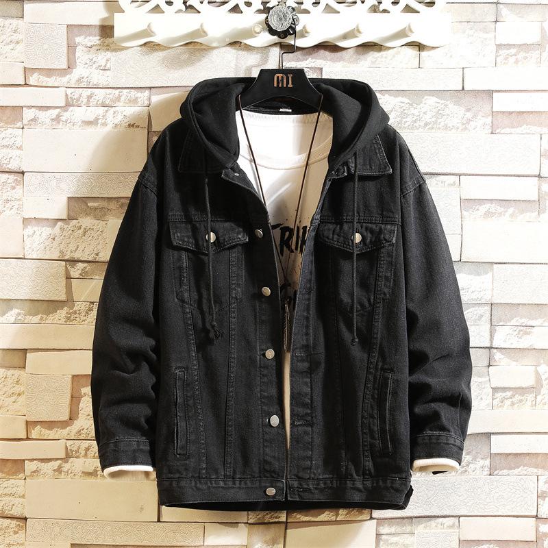 Herren Jeansjacke Baumwolle Locker Kapuze Jeans Oberbekleidung Mantel Uni Jeansjacke Herren Lässig Paar Streetwear Übergröße XL schwarz