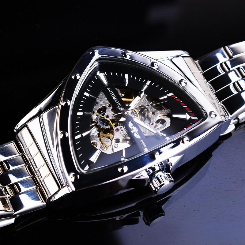 Winner Neue dreieckige Zifferblatt automatische mechanische Uhr Herrenmode ausgehöhlte Edelstahluhr silber/schwarz