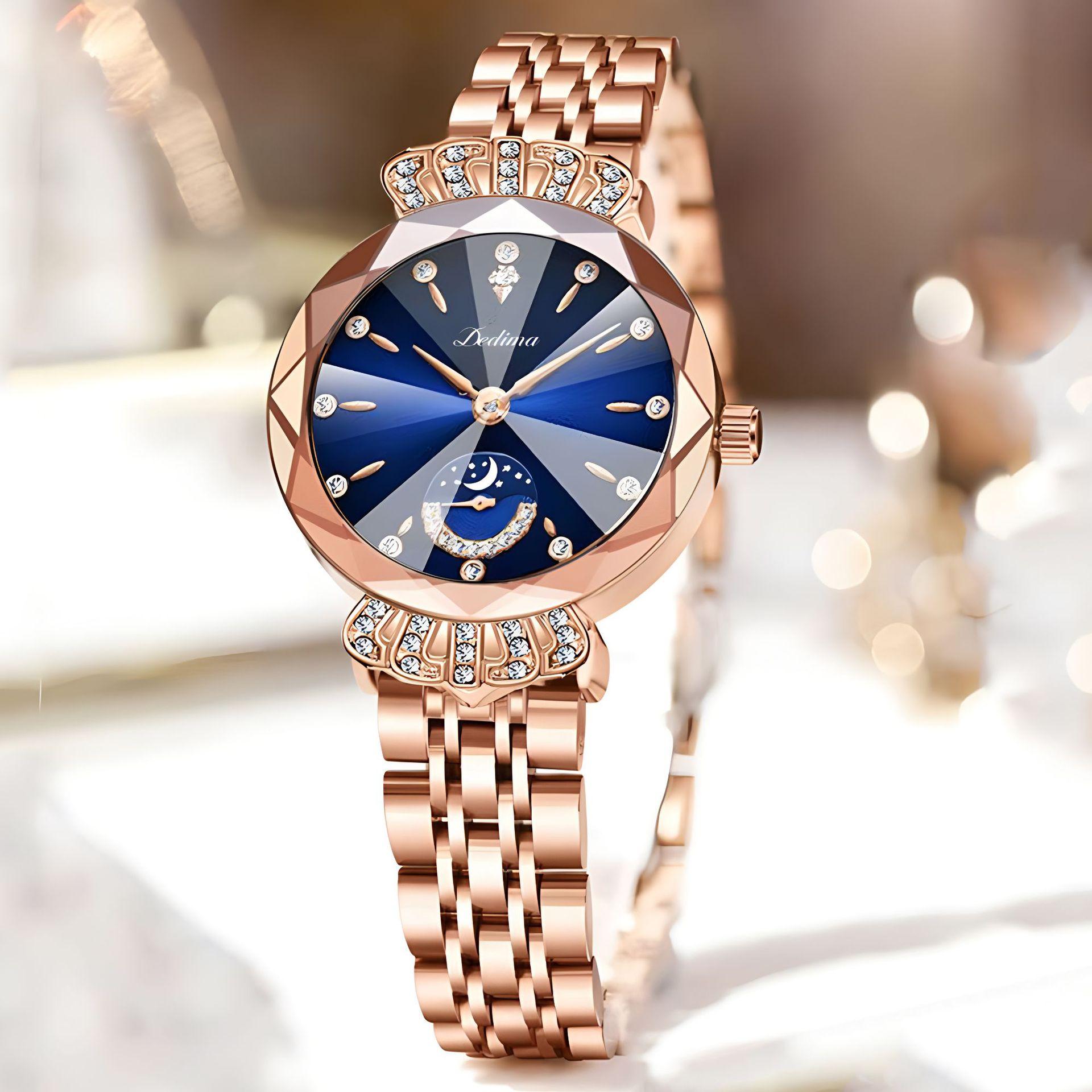 Mode Rose Gold Damen Solide Stahl Band Wasserdichte Uhr Luxus Diamant Bogen Schnalle Uhr Sonne Mond Sterne Damen Uhr blau