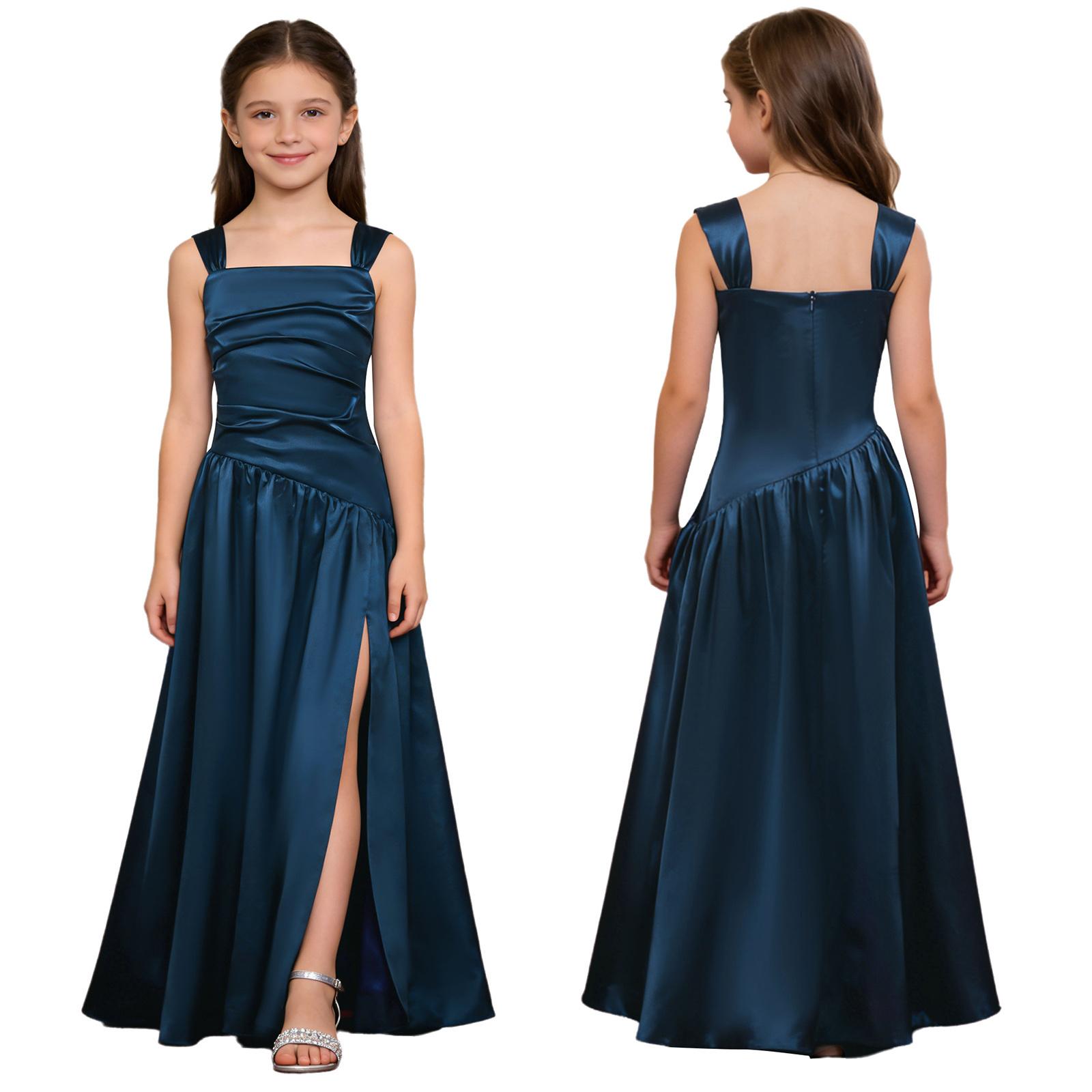 Elegantes Satin-Kleid für Mädchen Ärmellos Raffinierter Oberteil Asymmetrischer Drop-Waist A-Linie Seitenschlitz für Taufe Hochzeit Party 11-12 Years navy blau