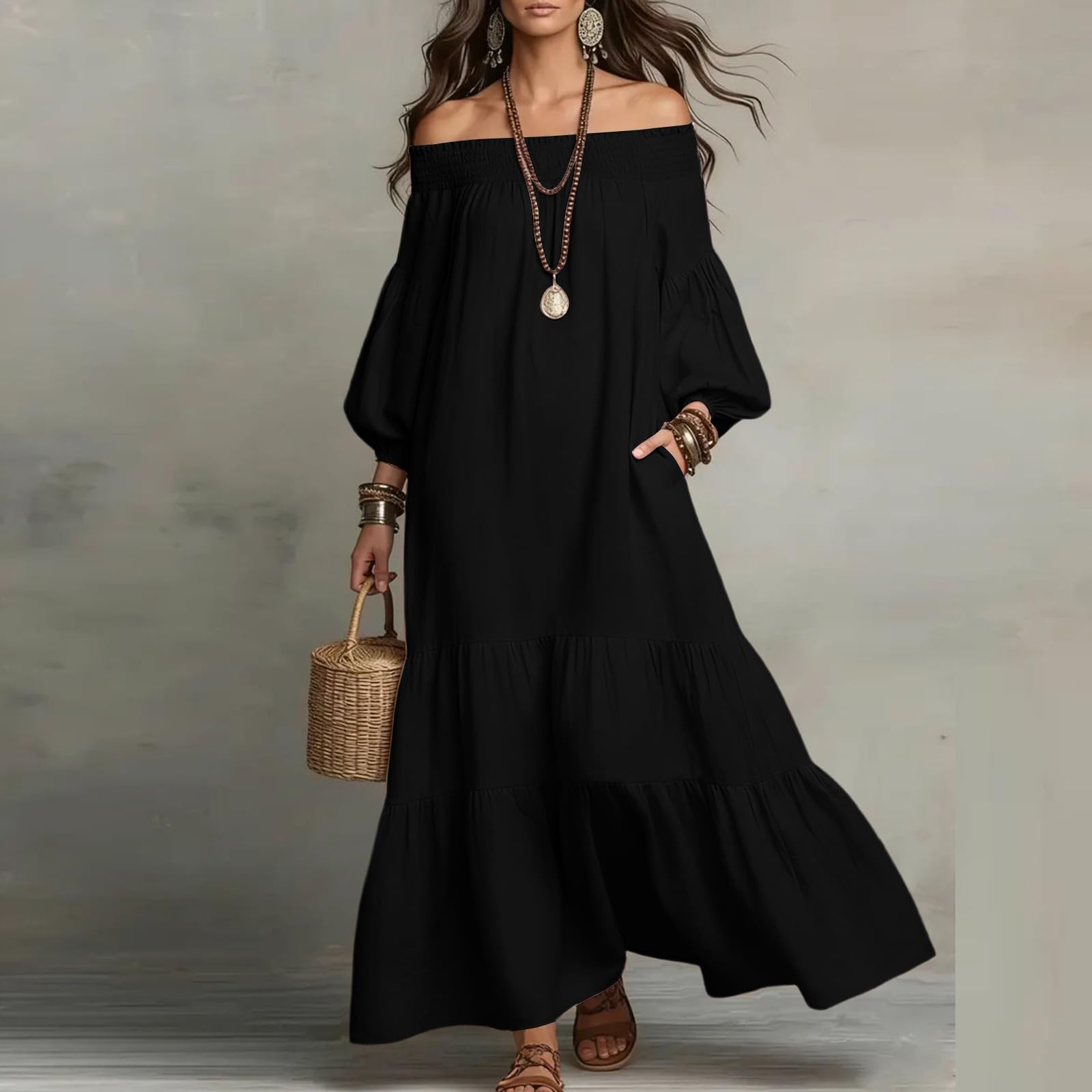 Sommerkleider für Damen 2026 Schulterfrei Lässige Kleider für Damen Locker sitzend Midi-Kleider für Damen Abschlusskleid M schwarz